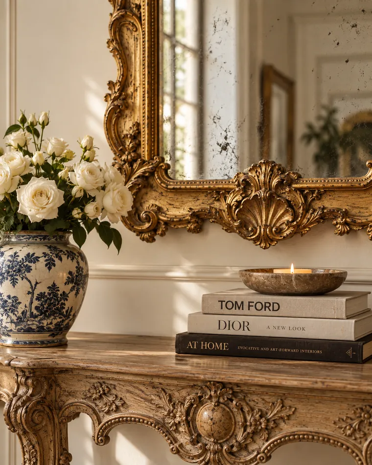 Antique carved console beneath a gilt mirror