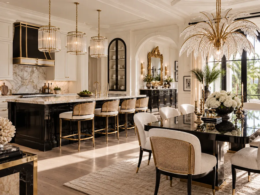 Kitchen and dining room with a black lacquer island and cane stools