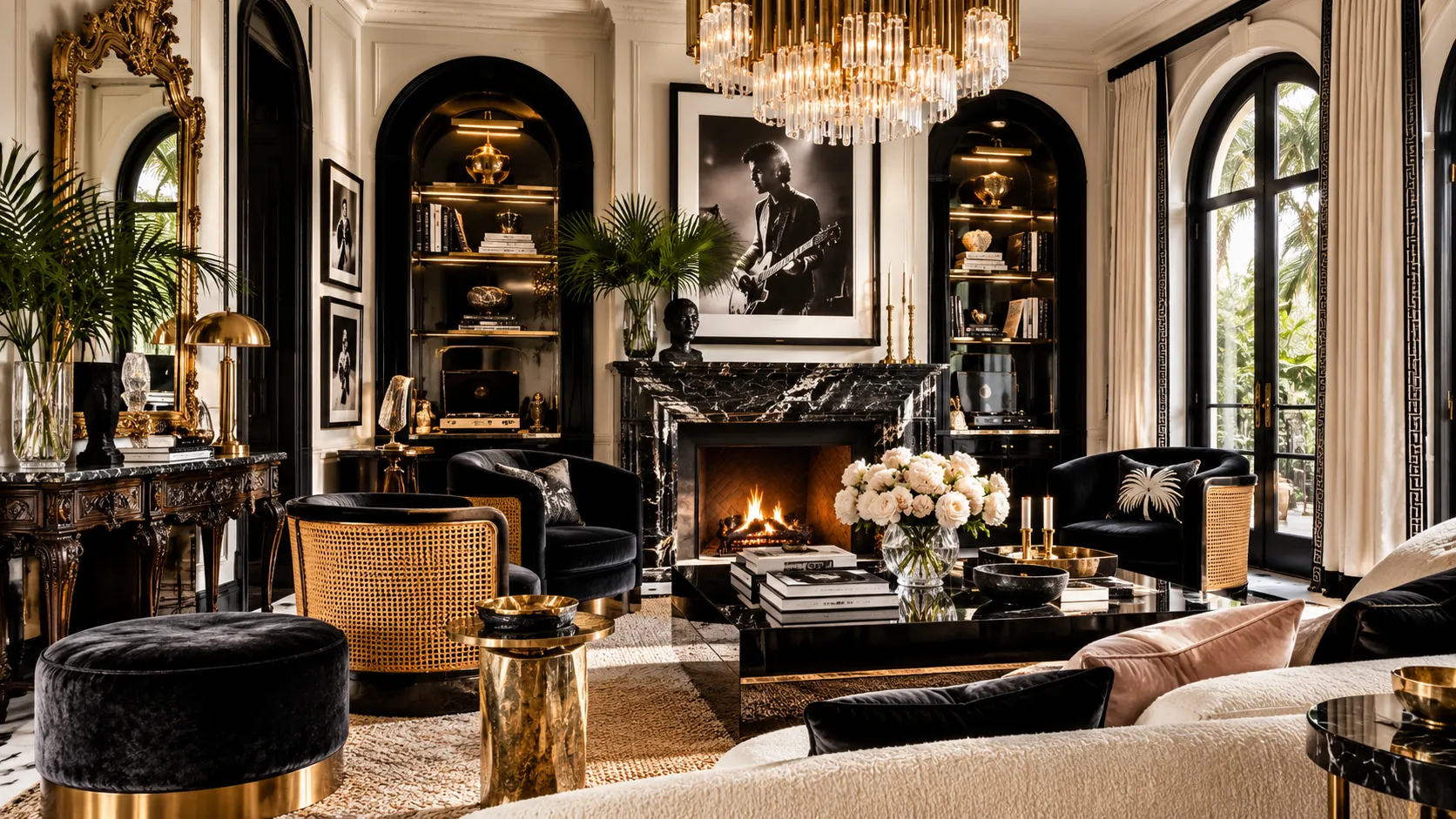 Black and ivory living room with a black marble fireplace, cane armchairs and arched windows