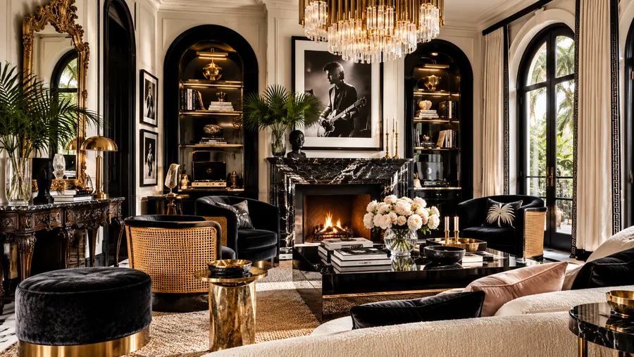 Black and ivory living room with a black marble fireplace and cane armchairs