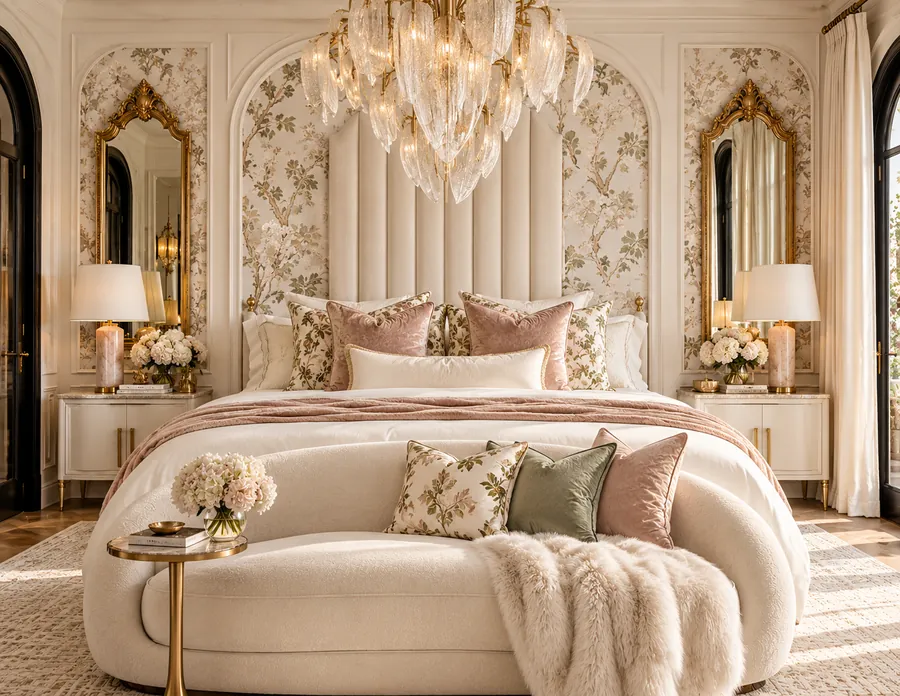 The same bedroom with botanical wallpaper and blush pillows