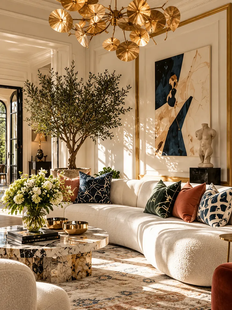 Living room with a bouclé sofa and a gold lily-pad chandelier