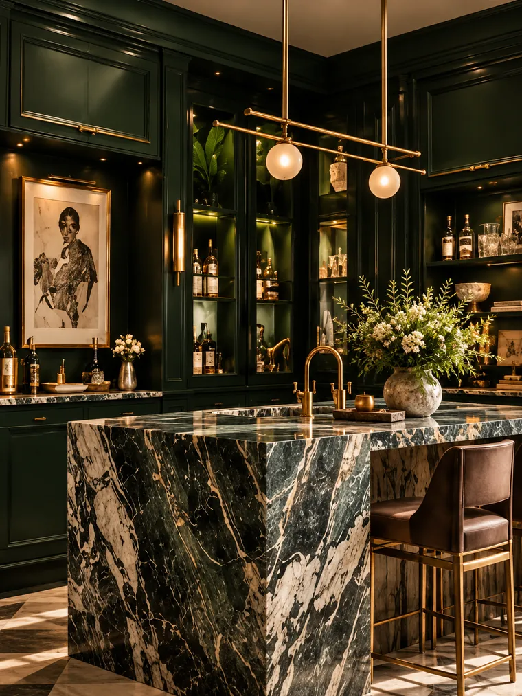 Bar with deep green paneling, a marble island and brass pendants