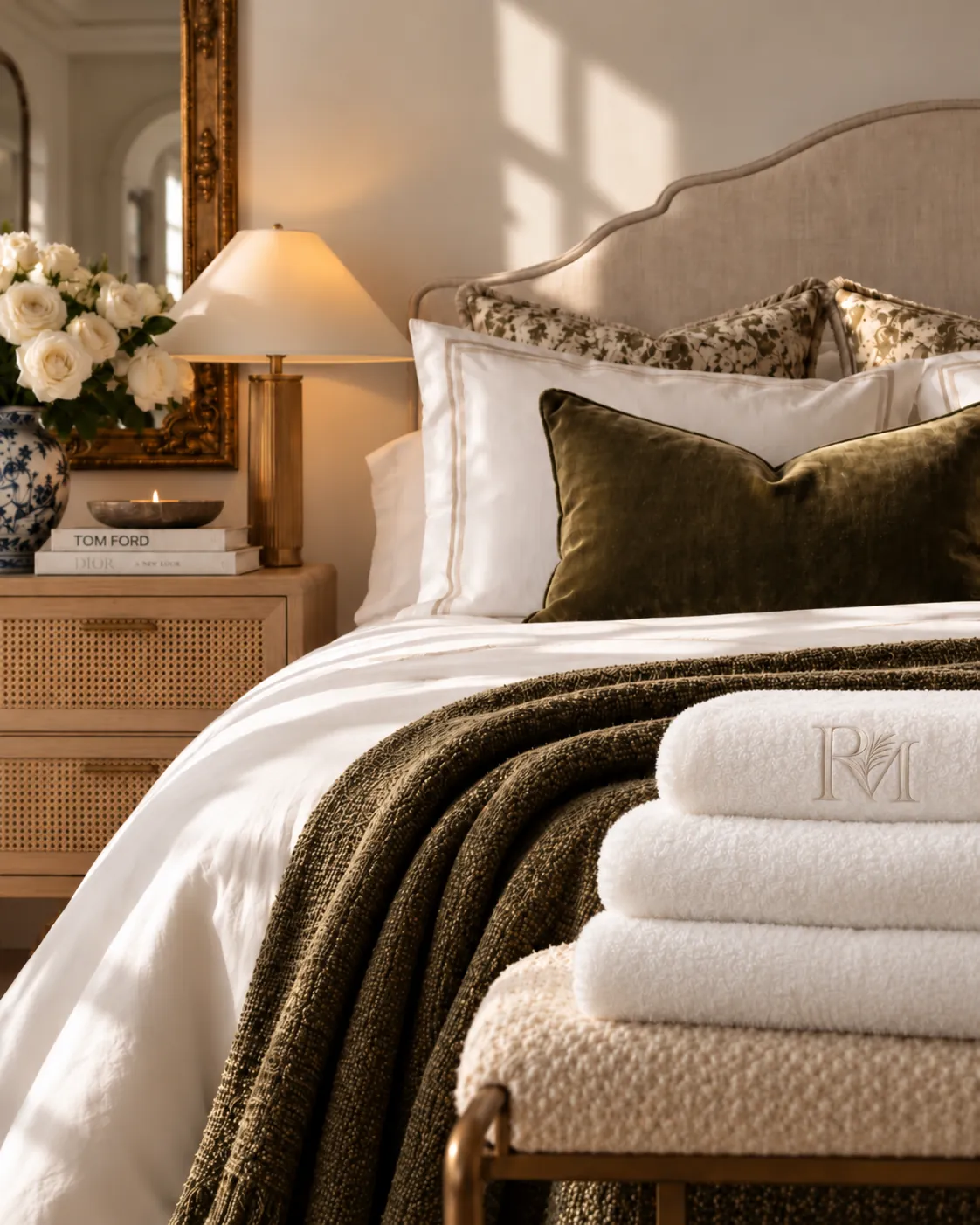 Made bed with crisp white linens, an olive velvet pillow, a woven throw and monogrammed towels
