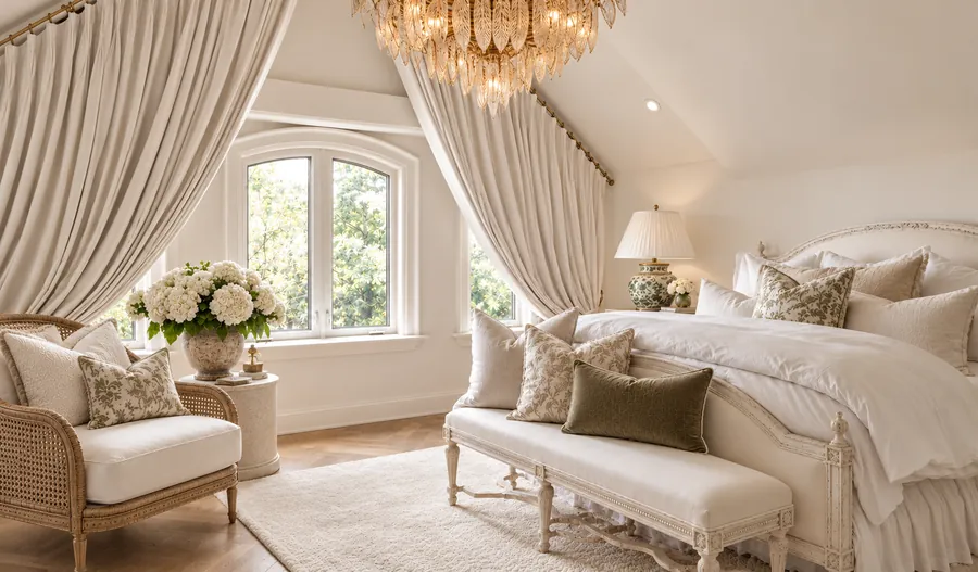 Ivory attic bedroom with draped curtains and a cane armchair