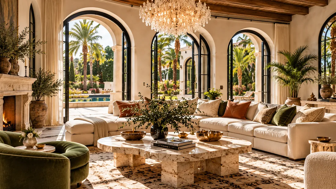 Living room with arched doors open to a pool, a crystal chandelier and a travertine coffee table