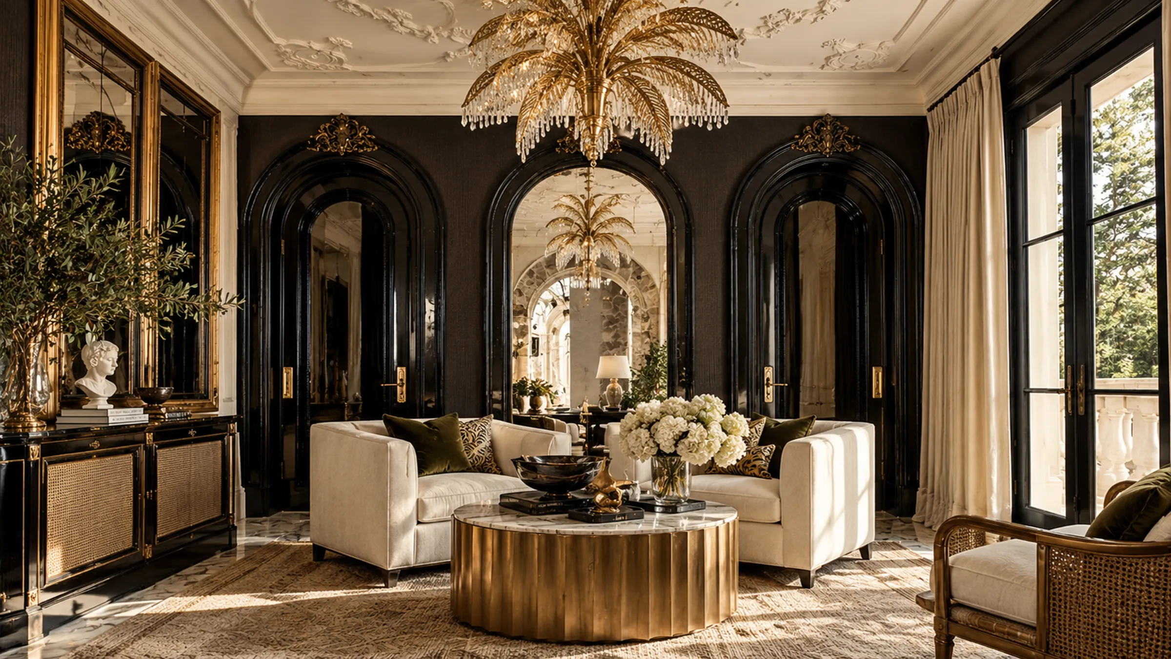 Living room with black lacquer arches, a gilt palm-frond chandelier, ivory sofas and a fluted brass coffee table
