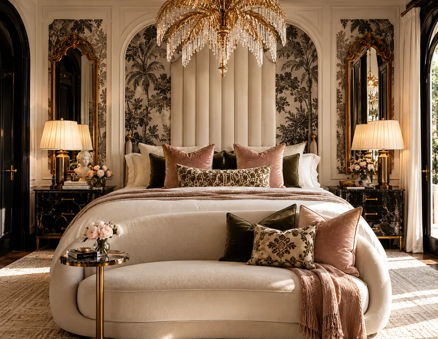 Bedroom with palm toile wallpaper and black marble nightstands