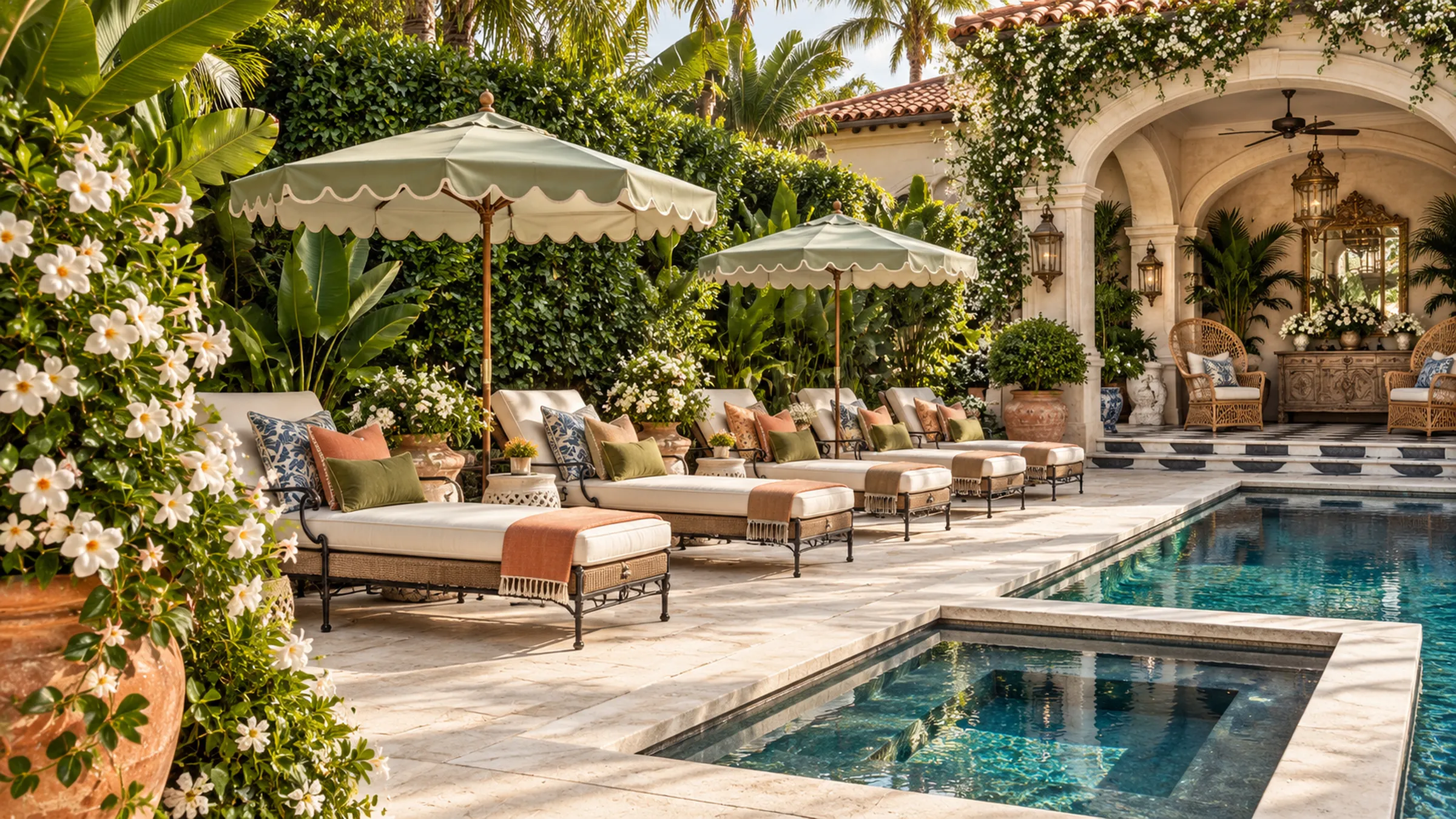 Pool terrace with sage scalloped umbrellas, cushioned loungers and a vine-covered loggia