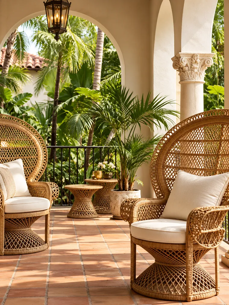 Vintage rattan peacock chairs on a terracotta loggia