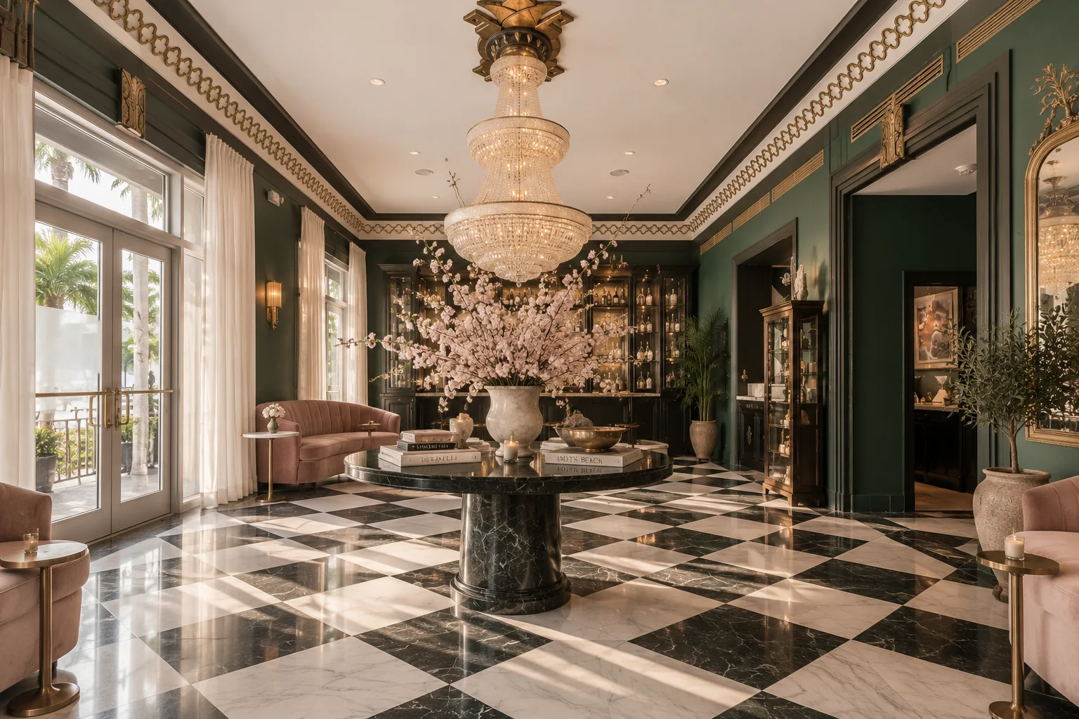 Art Deco hotel lobby with a black and white marble checkerboard floor, a tiered crystal chandelier, deep green walls, blush velvet sofas and a back bar