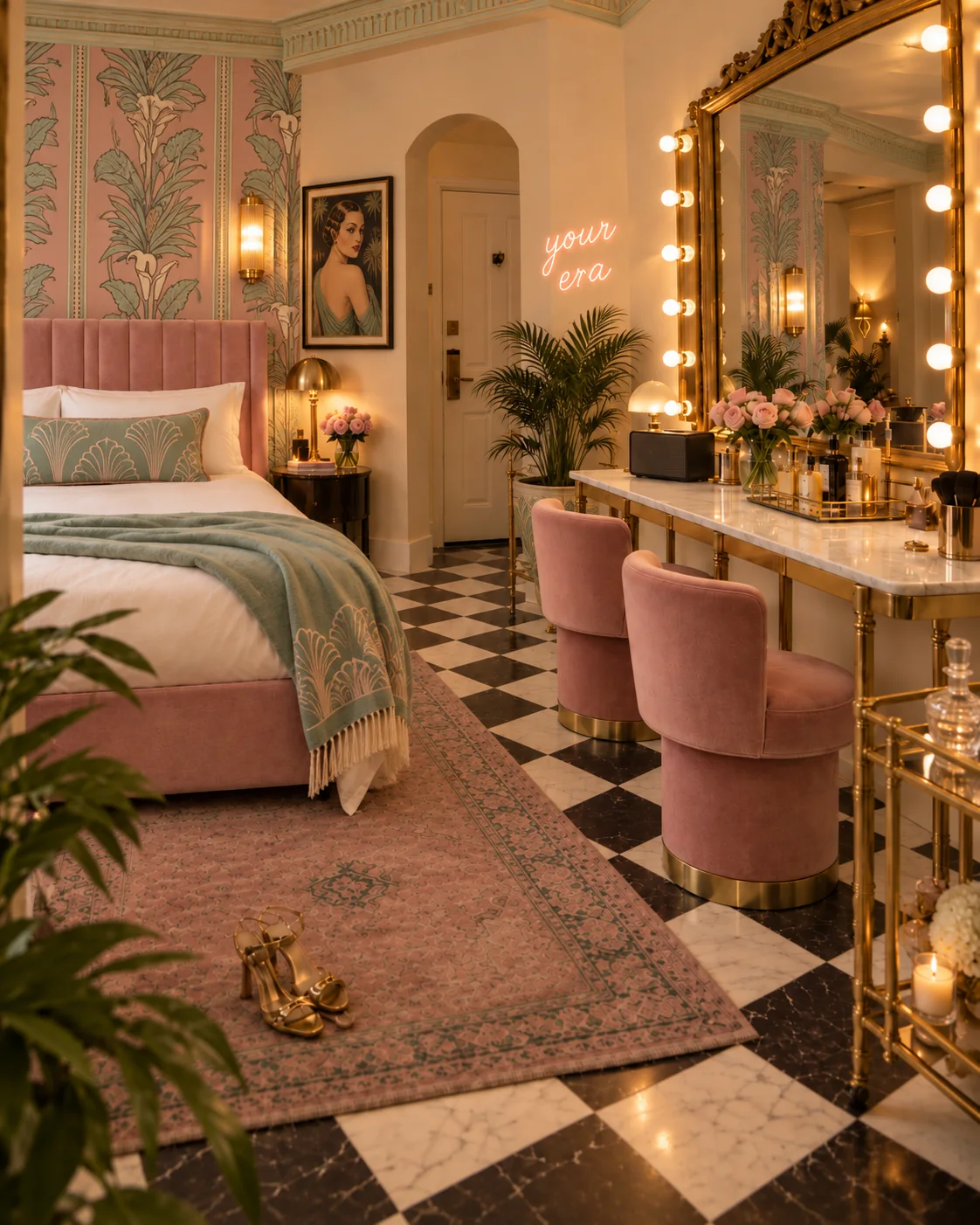 Blush room with calla lily wallpaper, a dusty rose velvet bed, a lit vanity with two velvet stools and a pink neon sign reading your era