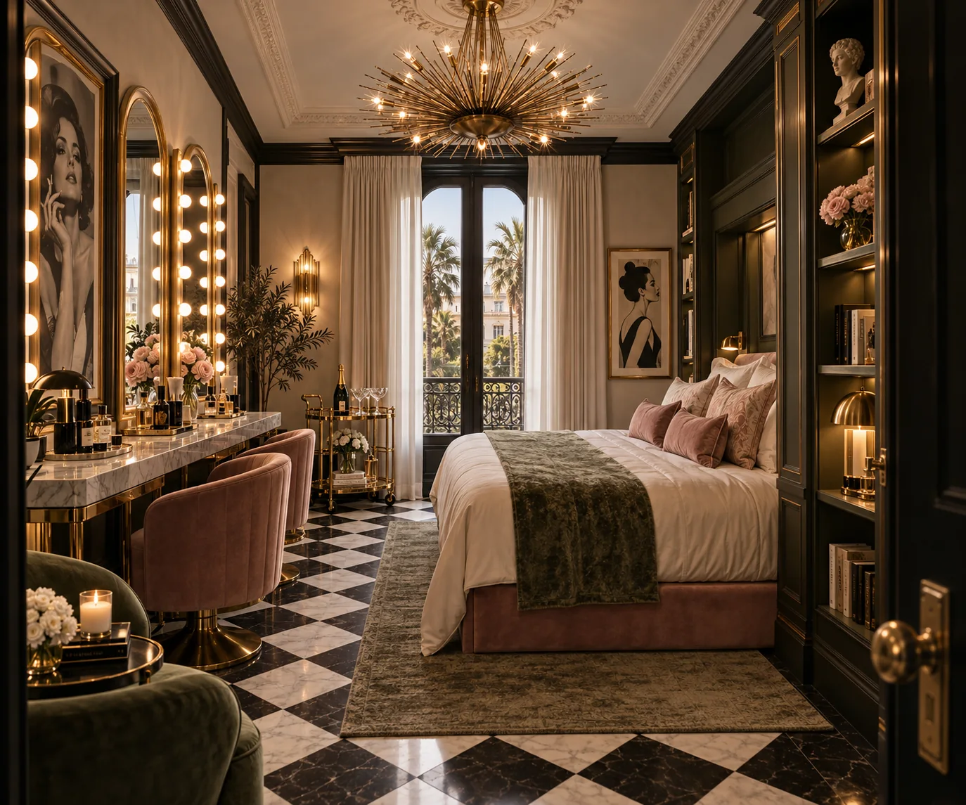 Guest room with a long marble double vanity ringed in bulb lights, blush velvet swivel stools, a brass champagne cart and a sunburst chandelier