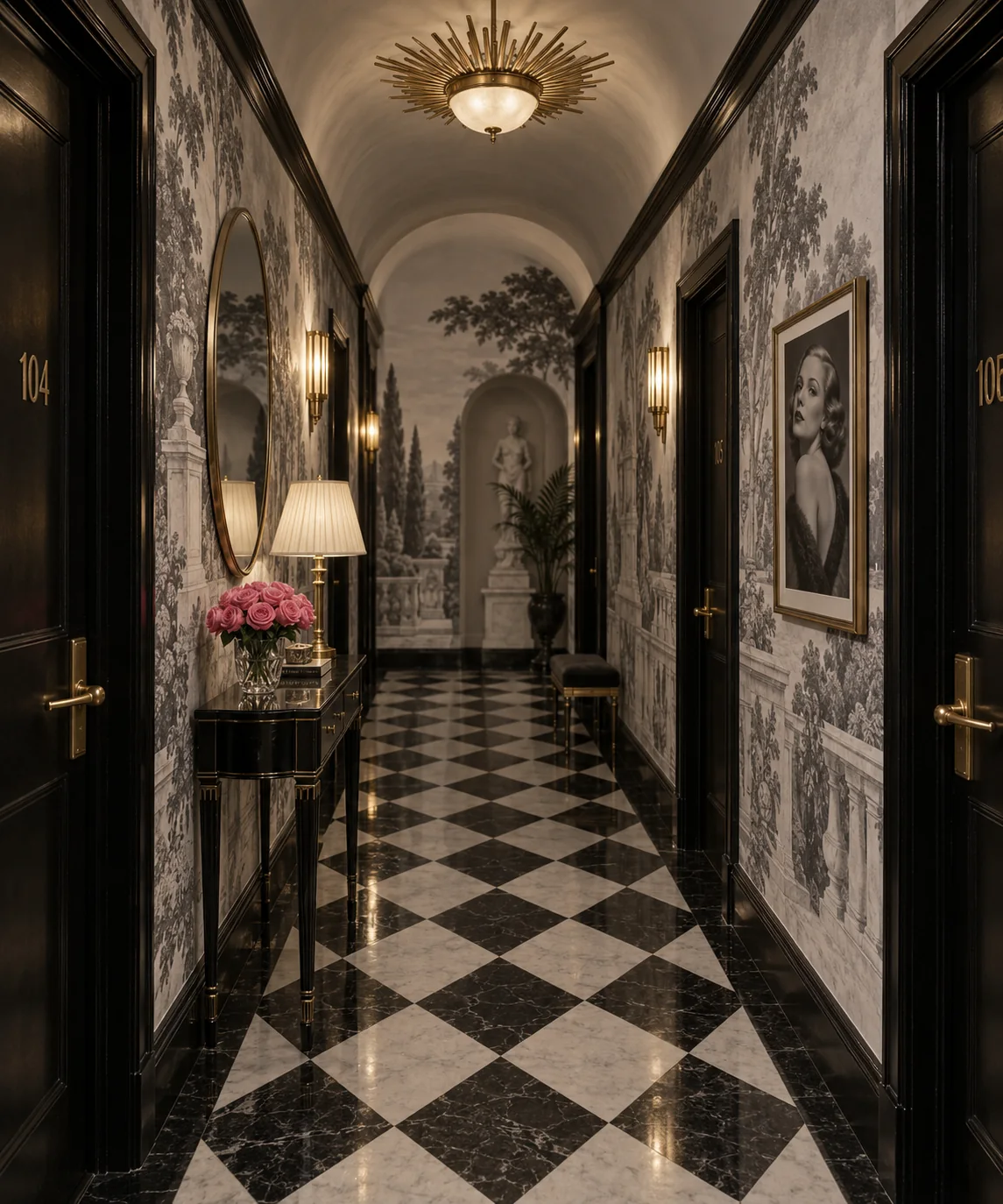 Guest corridor with a grisaille garden mural, black lacquer doors, a sunburst ceiling light and a black and white marble floor