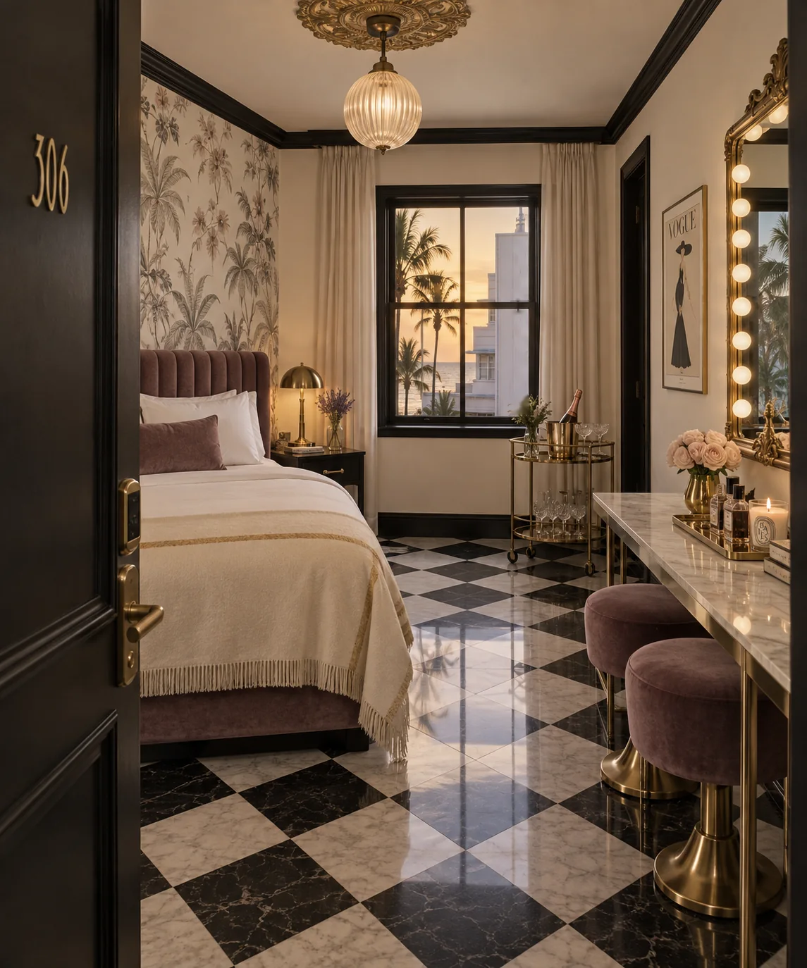 Mauve room with botanical wallpaper on ivory, a mauve velvet bed and stools, and a window onto palms and the ocean at sunset