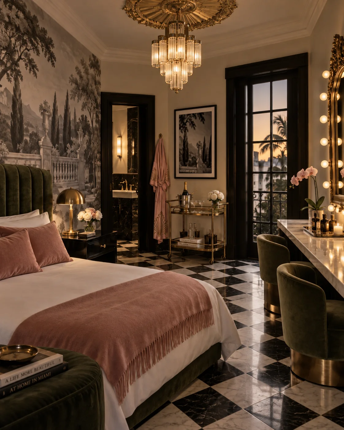 Sage room with a grisaille garden mural, an olive velvet headboard, a lit marble vanity and a brass champagne cart